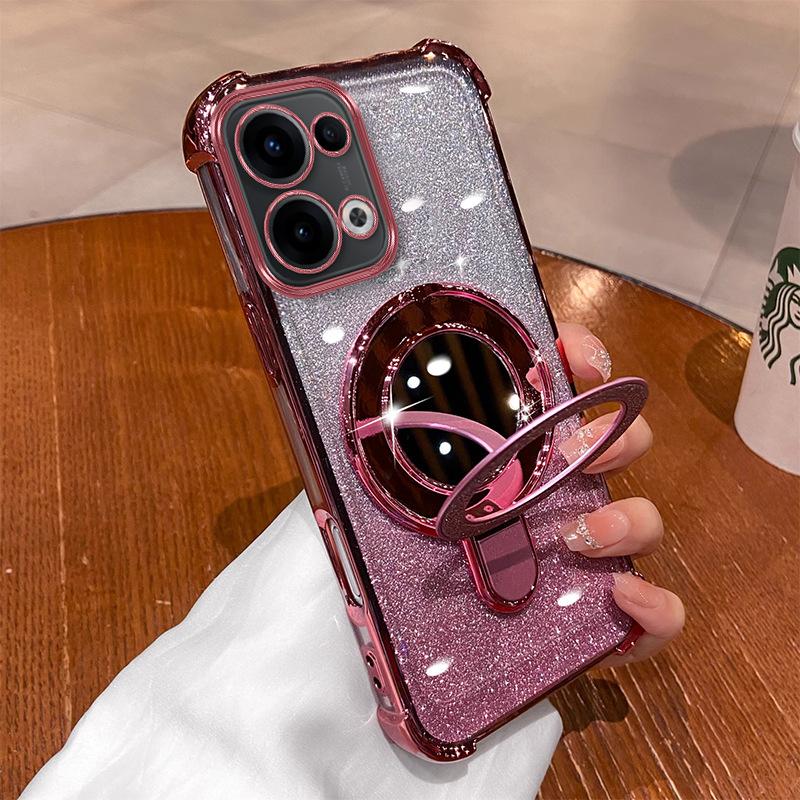 Применимо к чехлу для мобильного телефона OPPO Reno16Pro с блестками, зеркалом для макияжа, магнитной подставкой, мягкий чехол Reno8, защита четырех углов от падения
