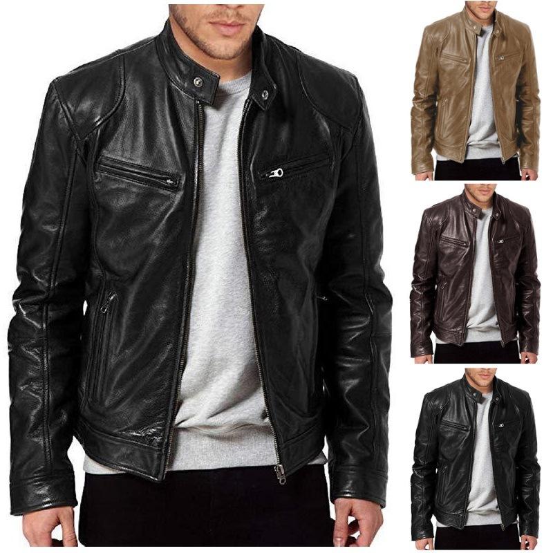 Модная мужская кожаная куртка Slim Fit с воротником-стойкой, пальто из искусственной кожи, мужское ветрозащитное пальто с мотоциклетными лацканами, диагональная молния, верхняя одежда