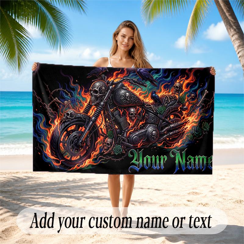 Motorcycle Biker Theme Quick Dry Beach Towel Custom Name Text Print Large Sand Resistant Towel Beach Vacation