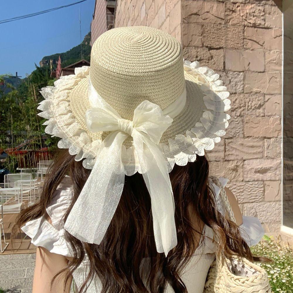 Flower Sun Hat Big Bowknot Wide Brim Hat Lolita Sun Protection Hat Sun Shading