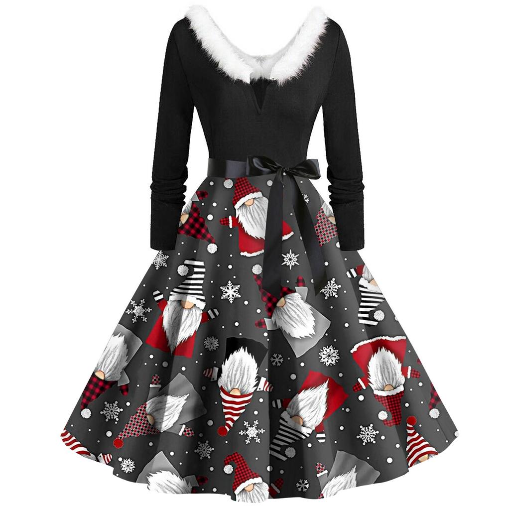 Women Vintage Long Sleeve Christmas Print 1950s Housewife Evening Party Prom Dress
