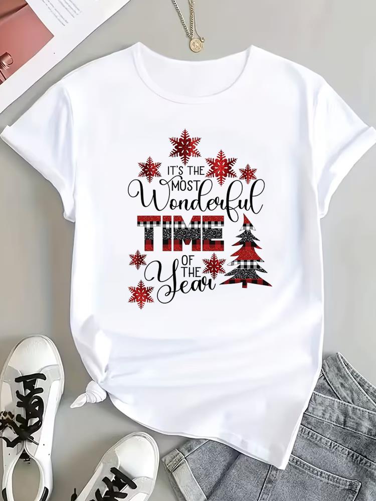 (Asian Size) trend letter cute Tee Top Print New Year Clothing T Shirt Women Fashion Christmas Festival Woman Short Sleeve Graphic T-shirts