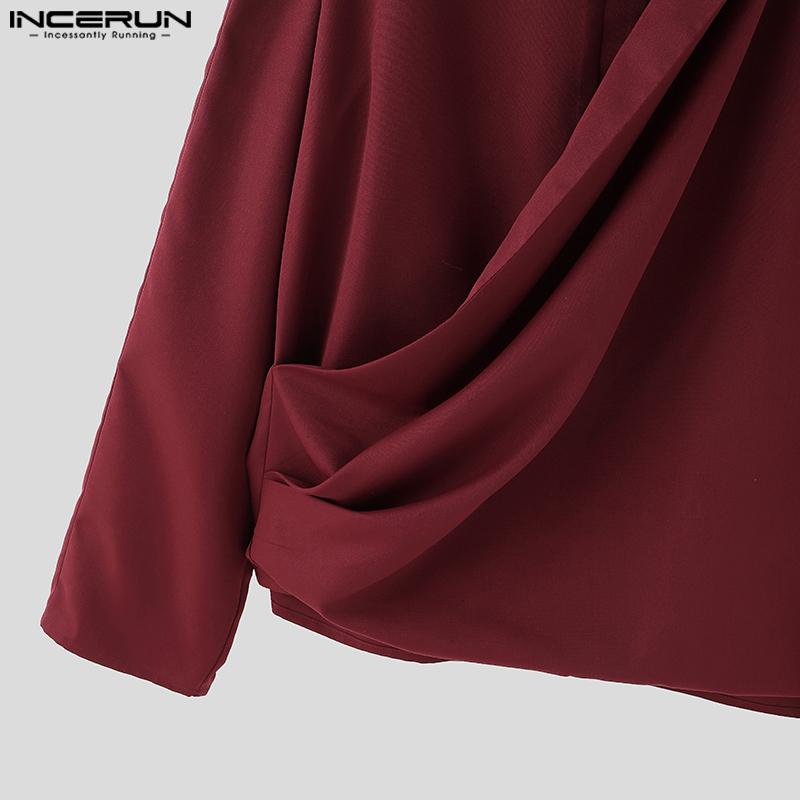 INCERUN Мужские рубашки с длинным рукавом и оборками, топы с открытым передом, повседневные топы