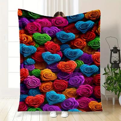 Colorful Rose Heart Fabric Print Upholstery MaterialBlanket Flannel Throw Blanket for Sofa, Bed, Travel, Camping, Office, Couch, Chair, And