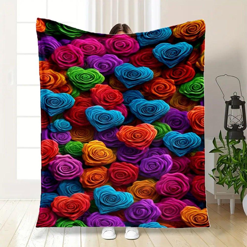 Colorful Rose Heart Fabric Print Upholstery MaterialBlanket Flannel Throw Blanket for Sofa, Bed, Travel, Camping, Office, Couch, Chair, And