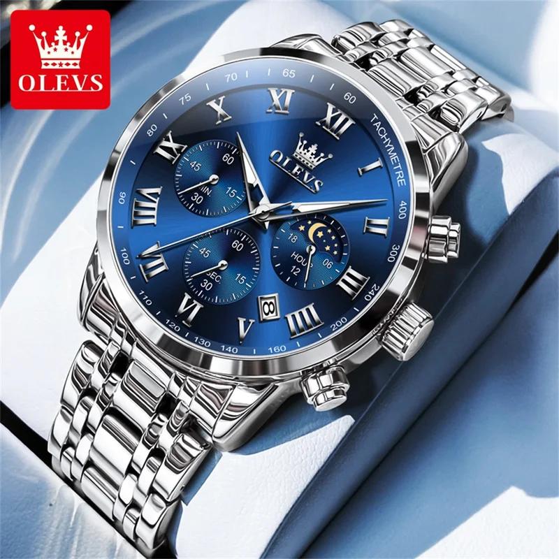 Multifunctional Men's Watches Chronograph Quartz Watch Moon Phase Calendar Luminous Waterproof Watch for Men