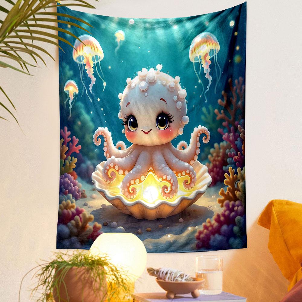 Adorable Octopus in Glowing Seashell Patterned Tapestry Decorative Wall Hanging, Home Bedroom Living Room Decor