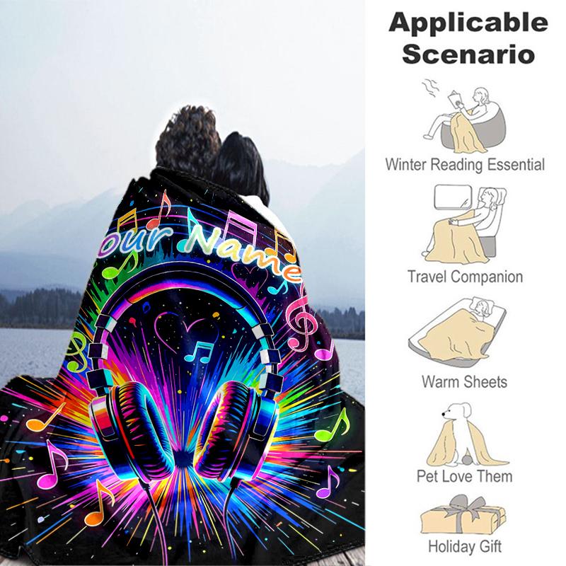 1PC Custom Name Music Headphones Art flannel blanket versatile,all-season throw suitable for the living room,bedroom,camping,travel,and gift