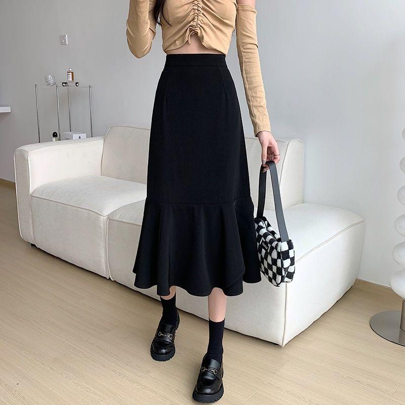Black Medium Length Fishtail Skirt for Women Plus Size Summer Thin Skirts Y2k Bottoms Fashions Female Korean Style Clothing