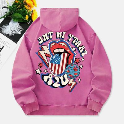 Вечеринка в США Выстиранное худи Женское с принтами американского флага Хлопковая одежда Теплый карман Оверсайз Зимнее Женское