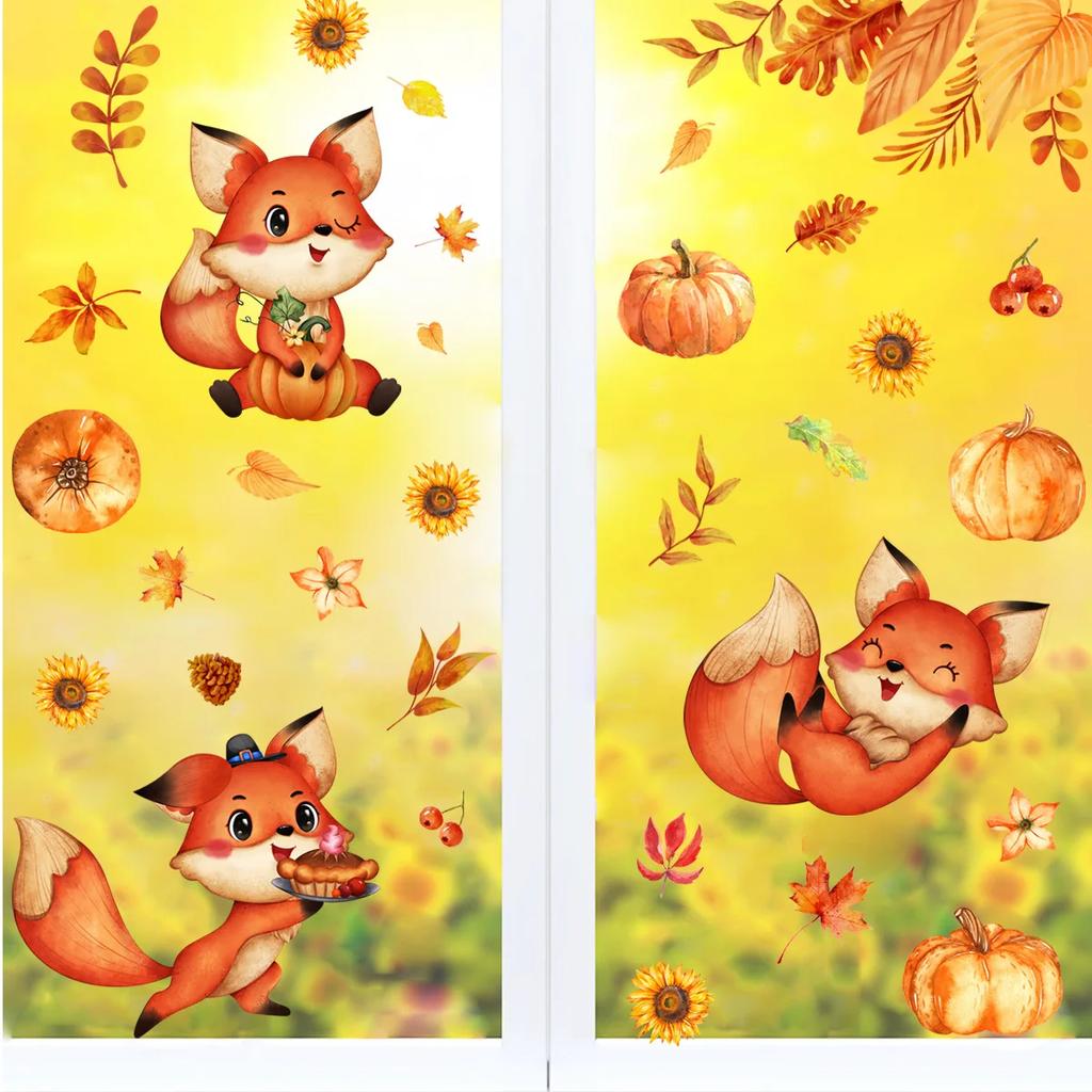 Golden Maple Leaf Window Sticker Autumn Pumpkin Fox Wall Sticker For Kids Room Decals Thanksgiving Autumn Wallpaper Home Decor