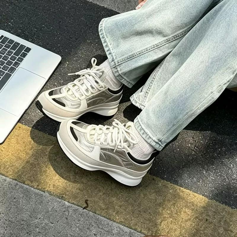 Womens Low Height Elevator Sneakers Thick Sole Casual Sports Shoes Students Versatile Travel Champagne Gold Camellia