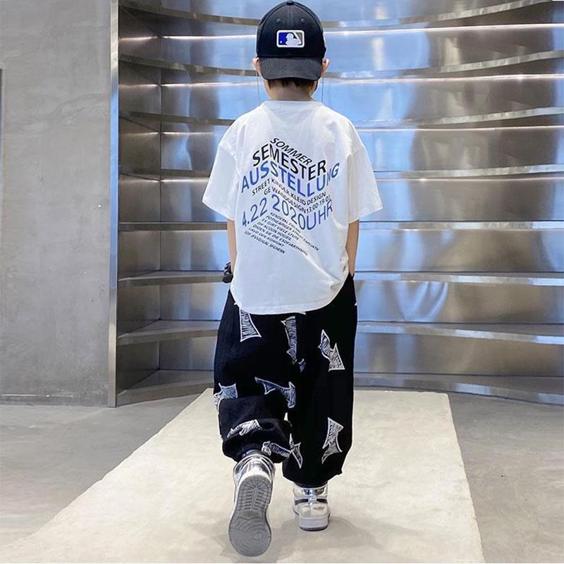 Летняя футболка для мальчиков, летняя одежда в западном стиле, большой детский костюм в корейском стиле, детские свободные брюки для отдыха с комарами