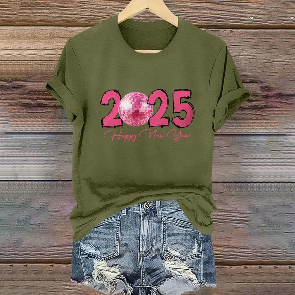 Women's Long Sleeve Round Neck T-Shirts 2025 New Year Print Puff Sleeve Shirts Button Blouses Tops