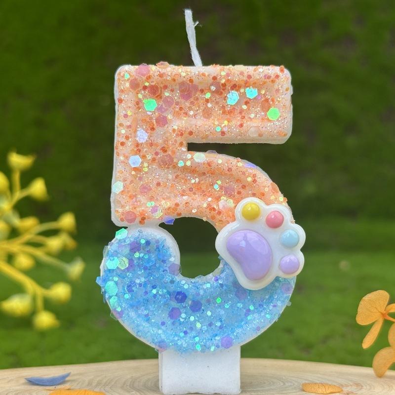 Sequin Cat Paw Dog Paw Digital Birthday Candle Cake Party Decoration First Birthday Celebration