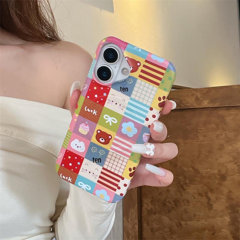 Color Patchwork Plaid Little Bear Magnetic Stand Case for iPhone 17/16 Pro Max & 15 Pro