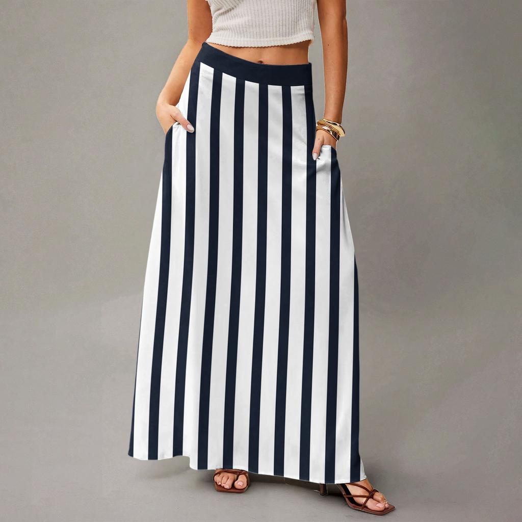 Женская повседневная складная юбка макси с высокой талией, драпированная, свободного кроя, с карманом, в полоску, в клетку