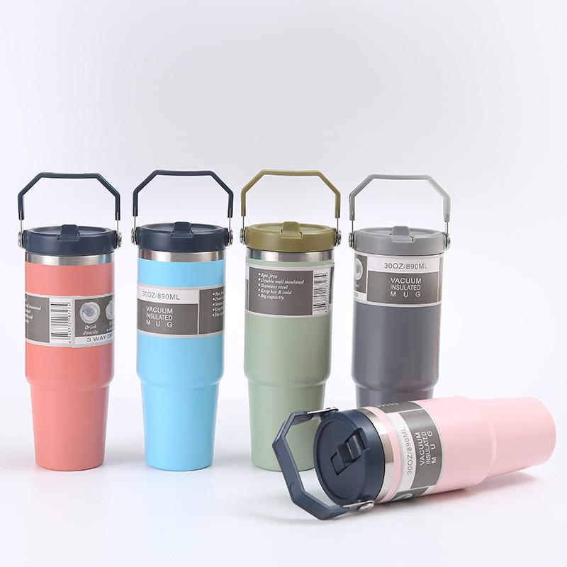 30oz Stainless Steel Tumbler with Handle, 304 Car Cup Holder Friendly, Double Wall Vacuum Insulated Hot Cold Travel Mug, Portable Iced Coffee Cup