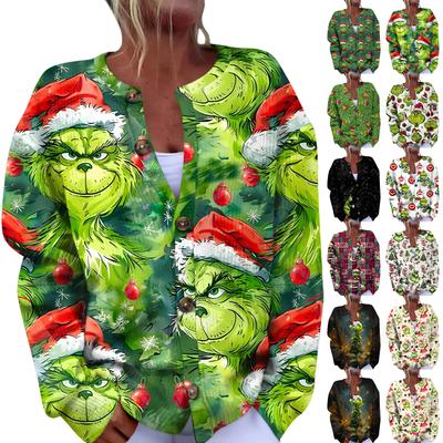 Женская мода рождественский принт длинный рукав вязаный кардиган пуховик