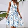 Women's Spring And Summer Casual V-Neck Sleeveless Waist Floral Print Midi Dress