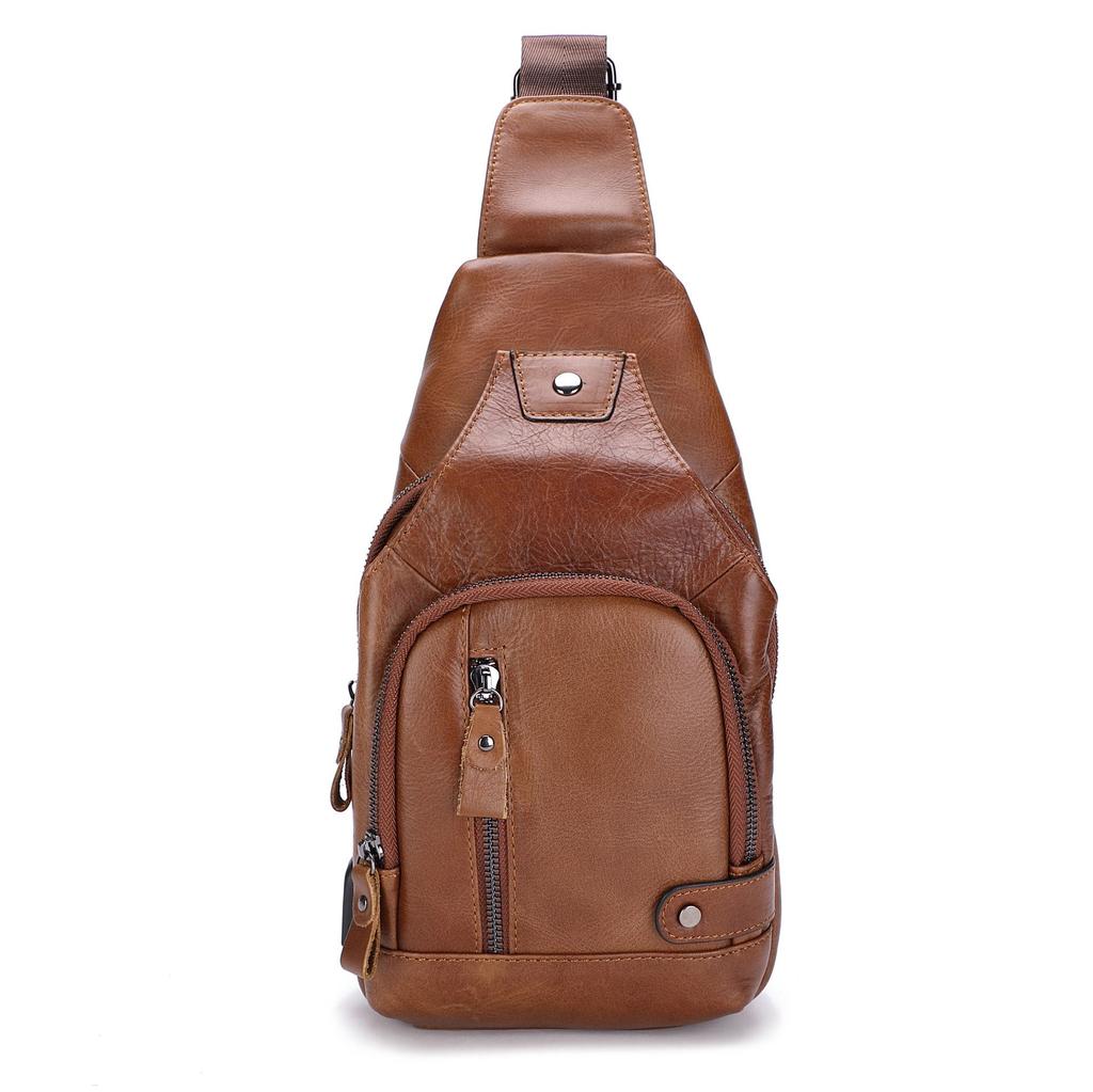 Genuine Leather Men's USB Charging Chest Bag - Business Casual Single Shoulder Messenger Bag