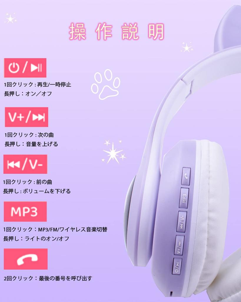 Headphones Megadream Headphones with Cat Ear LED Sides RGB Light Bluetooth Length 1m TF Card Size Children's Wireless/Wired Microphone, Light/Both