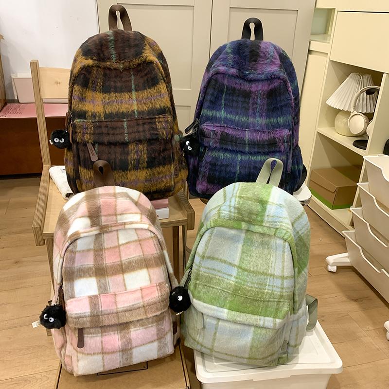 Шерстяной клетчатый школьный рюкзак для студента, большой вместимости, женский рюкзак