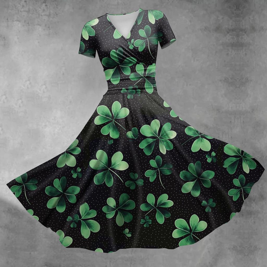 Women's V-neck St. Patrick's Day Printed Waisted Shirred Short Sleeve Dress
