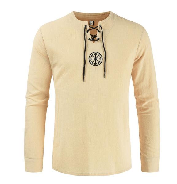 Medieval Men's Old-fashioned Tops Vintage Linen Shirt Ancient Viking Embroidery Retro Cosplay Costume Plus Size Long Sleeve T-shirt