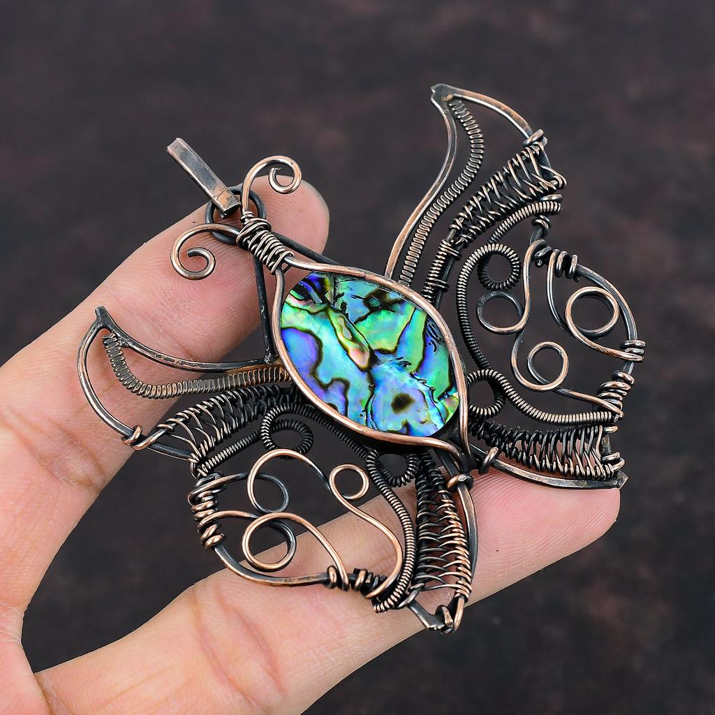 Подвеска из ракушки ушка, обернутая медной проволокой, подвеска из драгоценного камня, ювелирное изделие из ракушки ушка, подвеска в виде бабочки, подарок для него, ювелирное изделие из медной проволоки ручной работы