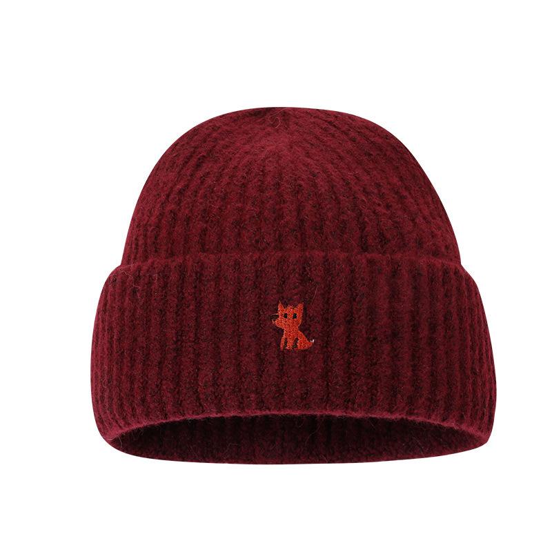 Autumn and Winter Warm Knitted Hats for Men and Women Korean Style Small Fox Embroidered Loose Big Head Circumference Woolen Hat Ins Trend