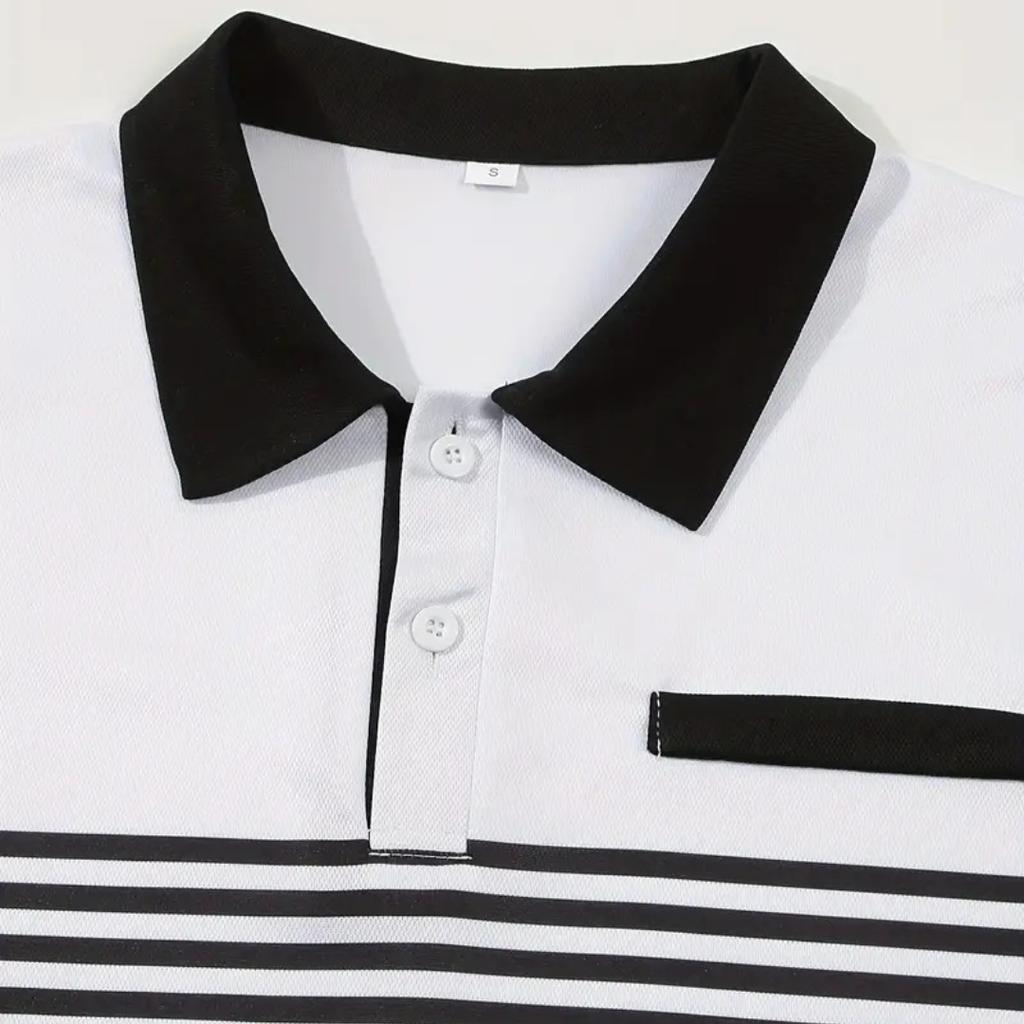 Новая мужская повседневная рубашка-поло на груди с искусственными карманами и пуговицами, полосатая футболка с цветными блоками, мужская футболка