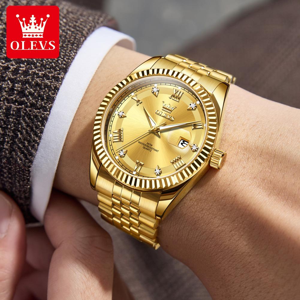 OLEVS Luxury Gold Quartz Watches For Man Original Chronograph Date Stainless Steel Waterproof Luminous Top Brand Mens Watch 5680