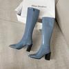 Модные зимние короткие плюшевые женские сапоги до колена элегантные туфли на толстом каблуке женские лаконичные квадратные носки длинные Botas De Mujer