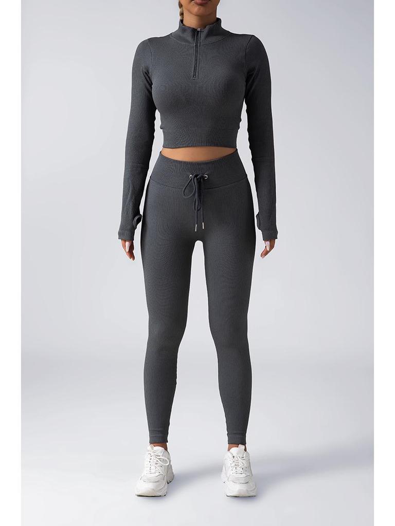 Women's Seamless Fitness Yoga Set: Zipper Long-Sleeve Top & Drawstring Hip-Lifting Trousers