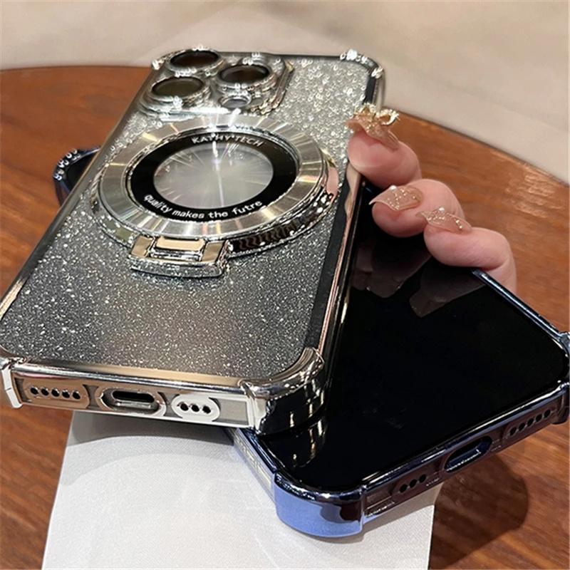 For iPhone 15 Pro Max Luxury Plating Magsafe Magnetic Stand Flash Phone Case For iPhone 11 12 13 14 15 Pro Lens Protective Cover