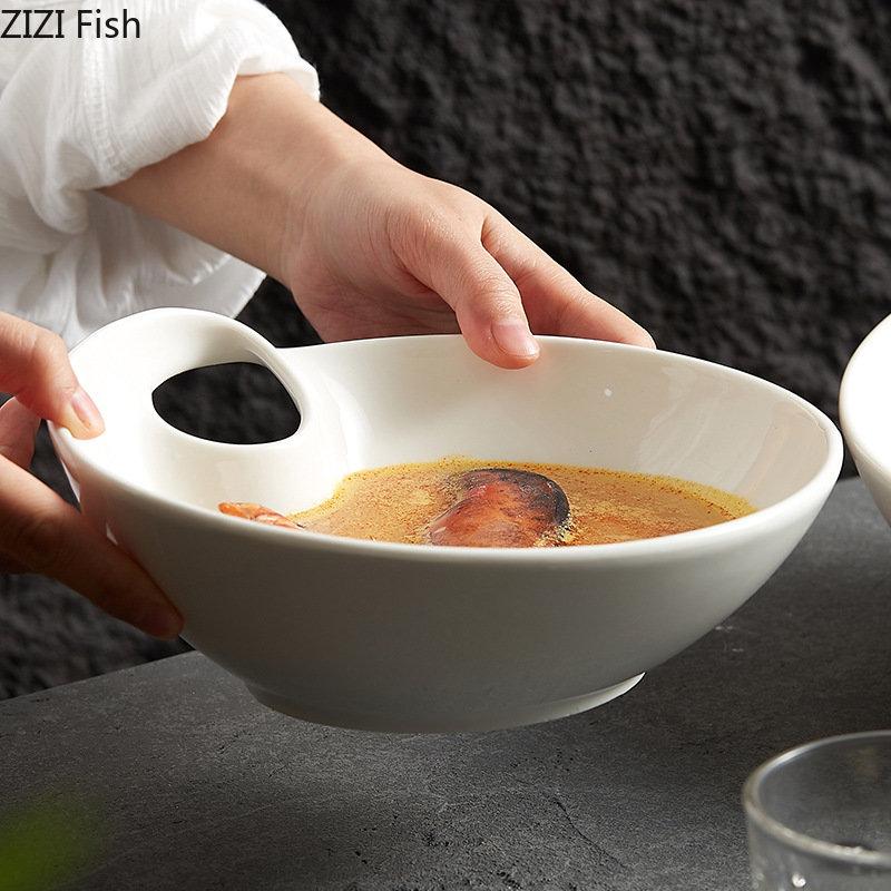 Креативная белая салатница, японская миска для лагманской лапши, бытовая тарелка для закусок и фруктов, скандинавская кухня, керамическая посуда