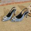 Women Sexy Blue Denim Rhinestone High Heels Summer Korean Fashion Sandals Pointed Toe Thin Heels Pumps Party Dress Casual Shoes