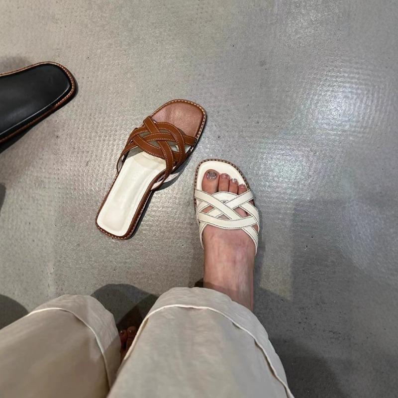 Версия с узором овечки~ кожаный узор ретро полый плетеный шлепанец на одной подошве модный повседневный универсальный верхняя одежда пляжный отдых крутые тапочки