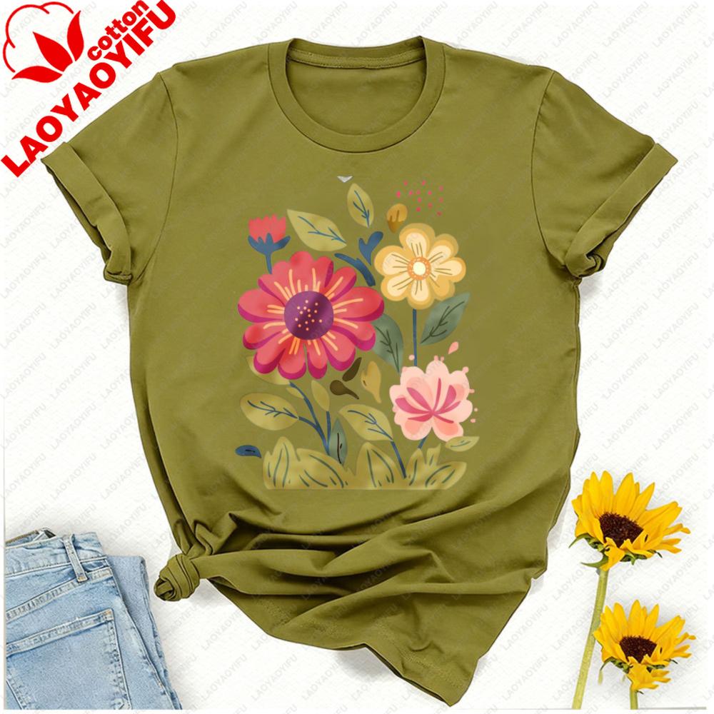 Unisexs Floral Graphic TShirt Short Sleeve Wildflower Tee Colorful Botanical Print Soft Cotton Crew Neck Shirt Spring Summer
