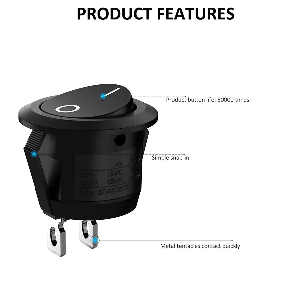 10 шт. SPST Snap-in ON-OFF 2-контактный круглый кулисный переключатель типа «лодка» черный AC 250 В 6 А 125 В 10 А для замены бытовой техники