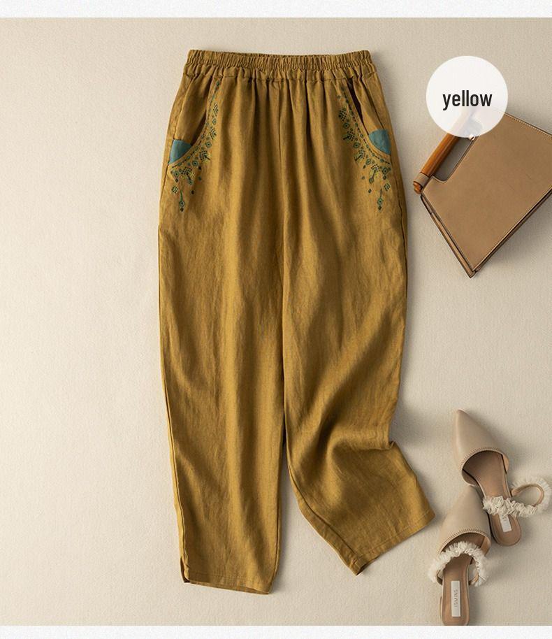 Женские ретро вышитые хлопково-льняные брюки-морковки: 2024 Свободный стиль гарема для весны, лета и осени