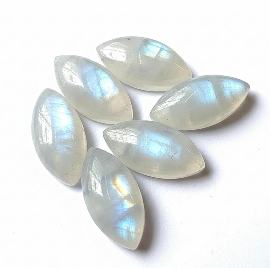 Натуральные Кабошоны Маркиза из Радужного Лунного Камня - Кабошоны Овальной Формы с Остриём из Лунного Камня Класса ААА
