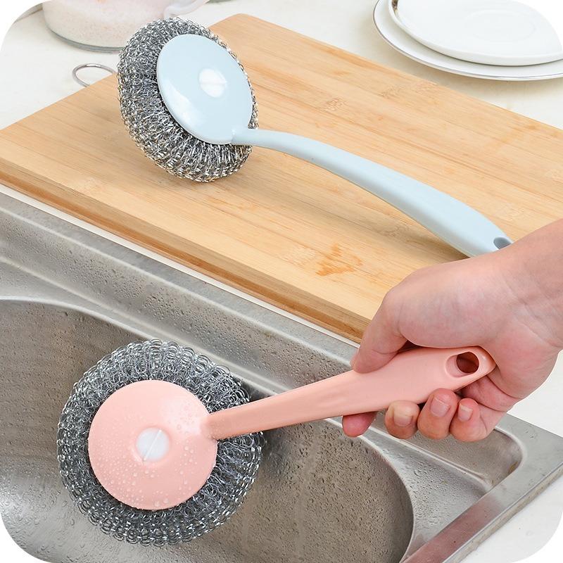 Kitchen Hanging Pan Brush Long Handle Oil Cleaning Brush with Steel Ball Scrub Dish Brush