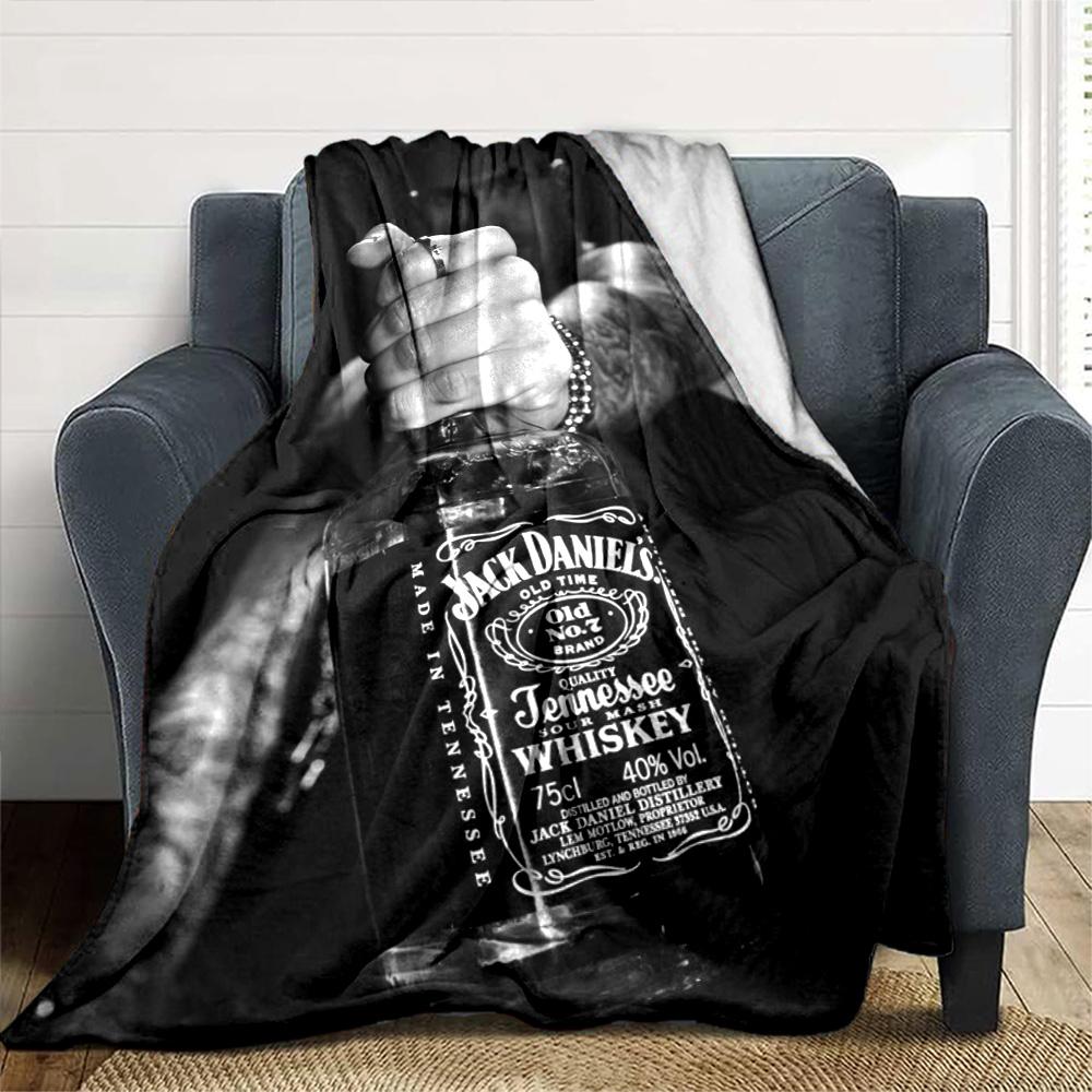 Black White Tattoo Hand Whiskey Bottle Graphic Flannel Blanket Dark Background Soft Throw Blanket Man Cave Bedroom Sofa Decor