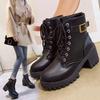 Fashion 2024 Spring and Autumn New Casual Versatile Women's Boots with Black Round Head Coarse Heel Strap Buckle, Women's Short Boots
