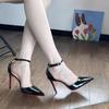 One word with black high heels women's 2025 new thin heel shallow mouth pointed patent leather temperament sexy hollow single shoes