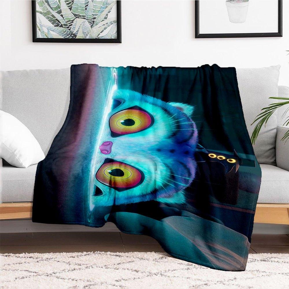 "Whimsical Cat with Trippy Eyes Wall Art Print"Blanket Lightweight Flannel Throw Blanket for Sofa, Bed, Travel, Camping, Livingroom, Office,