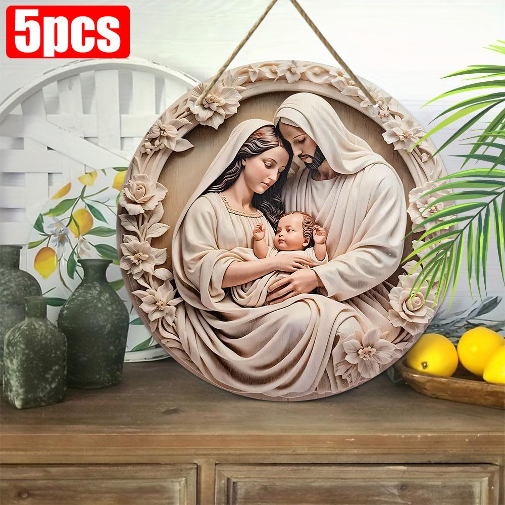 5 шт. Винтажный декор для стен в виде вертепа из дерева - 2D плоский рождественский орнамент с изображением Иисуса и семьи, предварительно просверленные отверстия для легкого подвешивания, идеально подходят для дома и сада