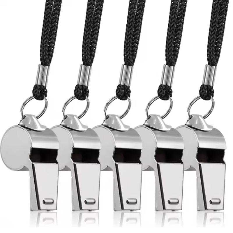 5pcs Stainless Steel Whistle Referee Sport Rugby Metal Rope Lanyard Party Training Soccer Football Basketball Cheerleading Coach Tool